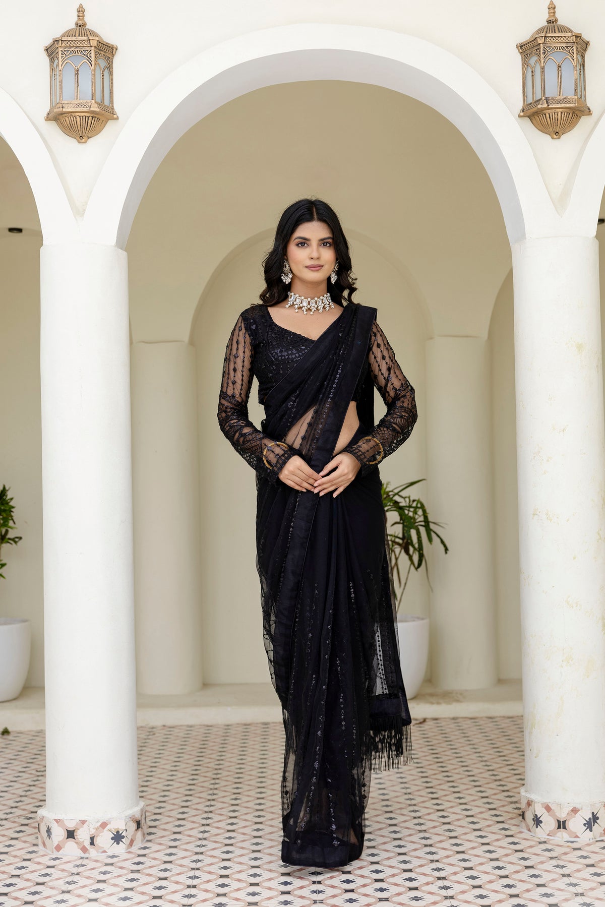 Luxury Designer Embroidered Mono Net Saree with Sequins Work