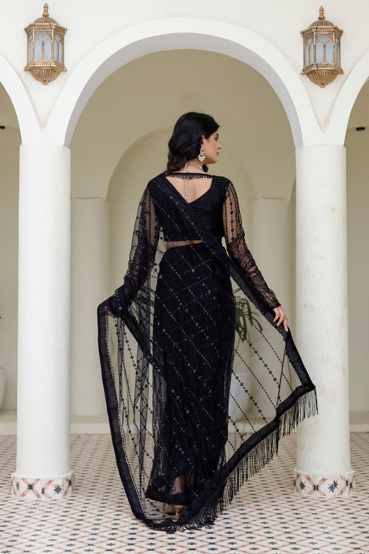 Luxury Designer Embroidered Mono Net Saree with Sequins Work