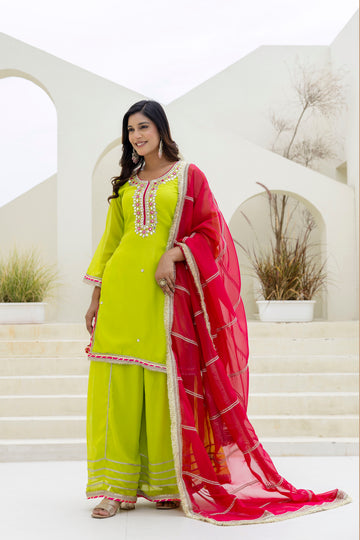 Designer Organza Palazzo Set with Foil Embroidery & Pearl Lace Detailing