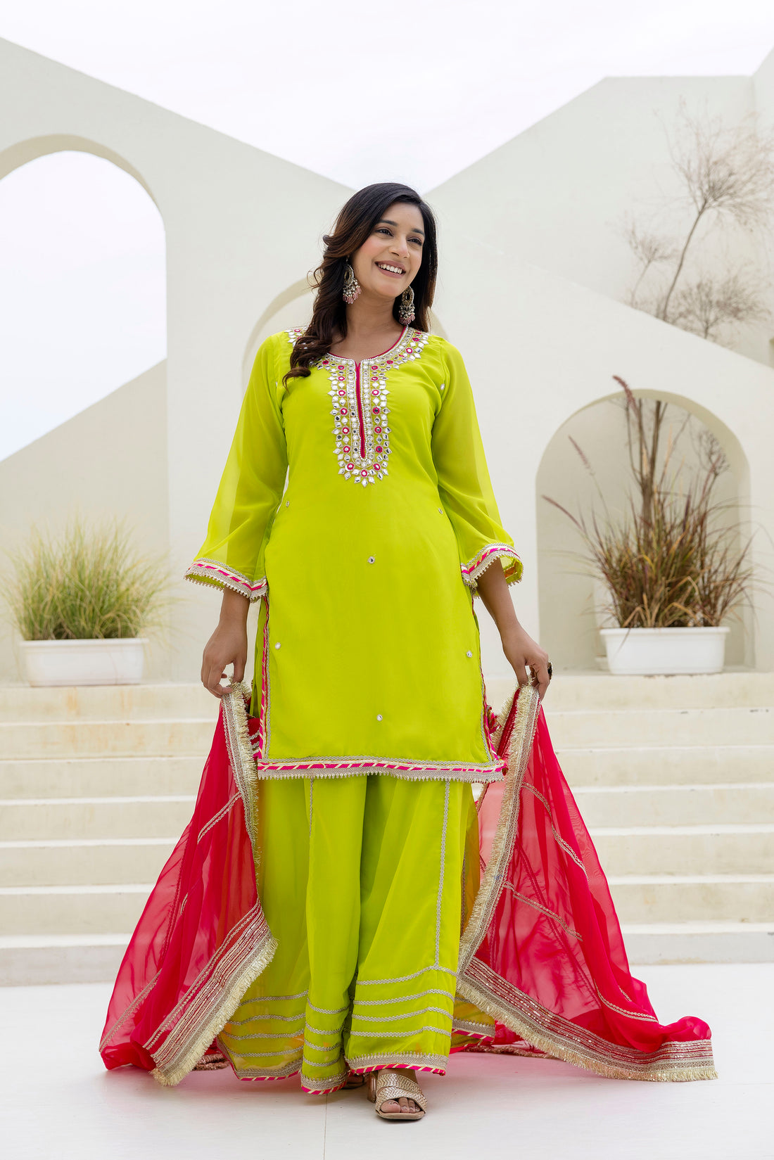 Designer Organza Palazzo Set with Foil Embroidery & Pearl Lace Detailing