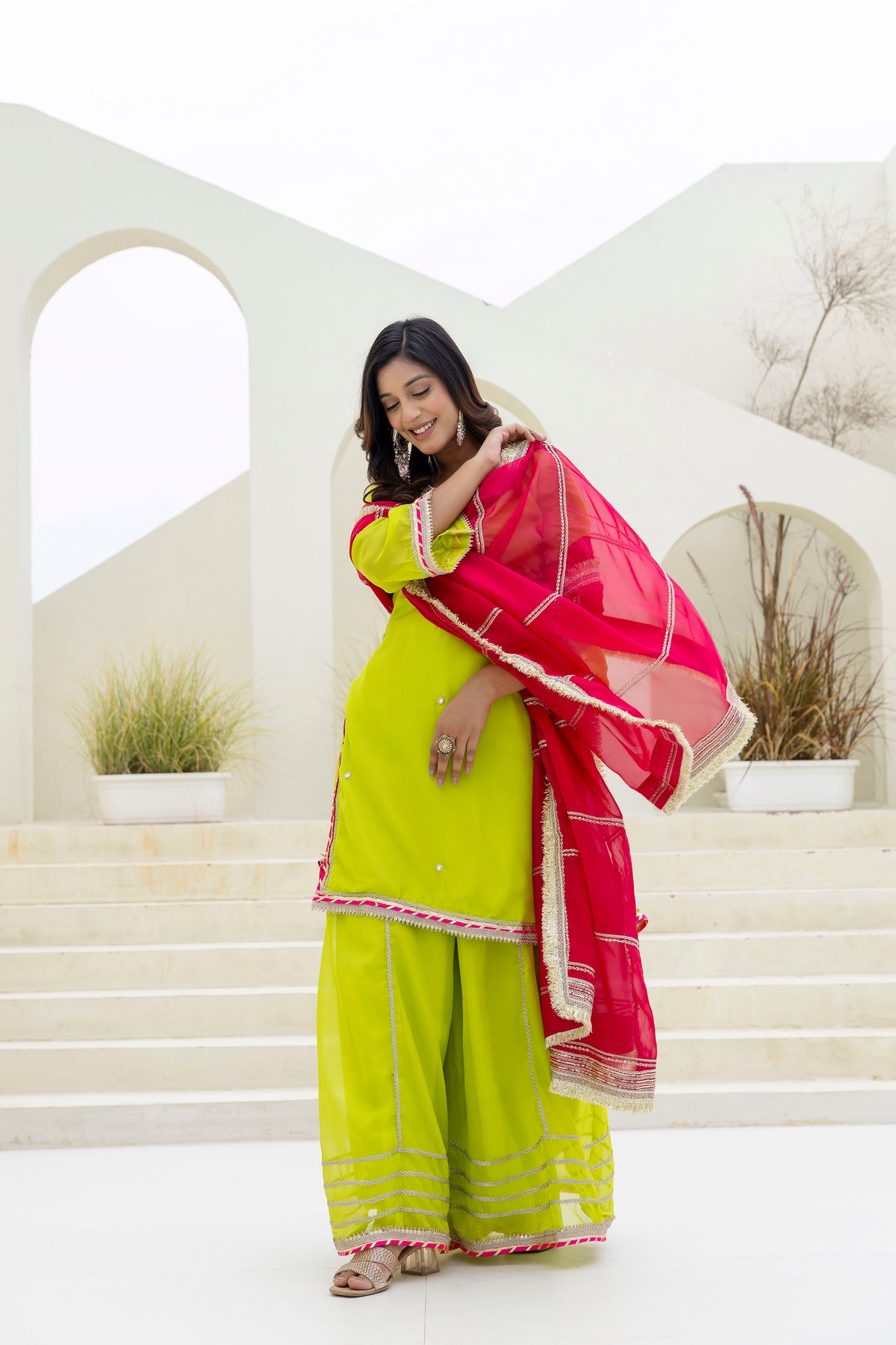 Designer Organza Palazzo Set with Foil Embroidery & Pearl Lace Detailing