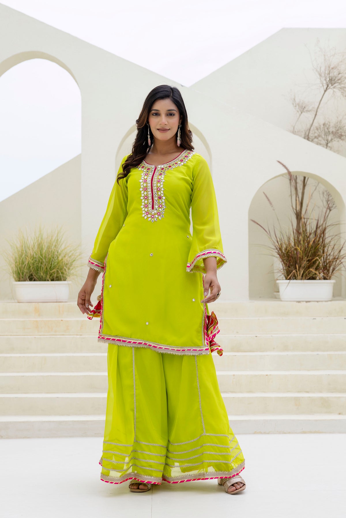 Designer Organza Palazzo Set with Foil Embroidery & Pearl Lace Detailing