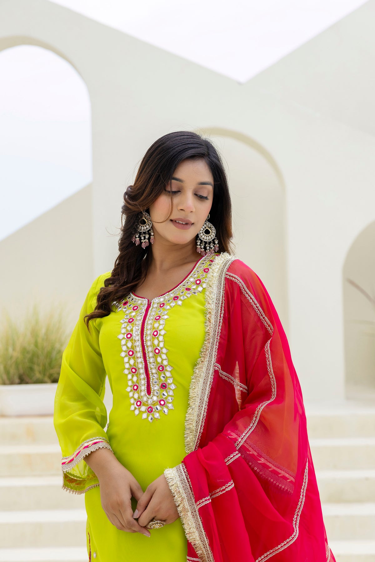 Designer Organza Palazzo Set with Foil Embroidery & Pearl Lace Detailing