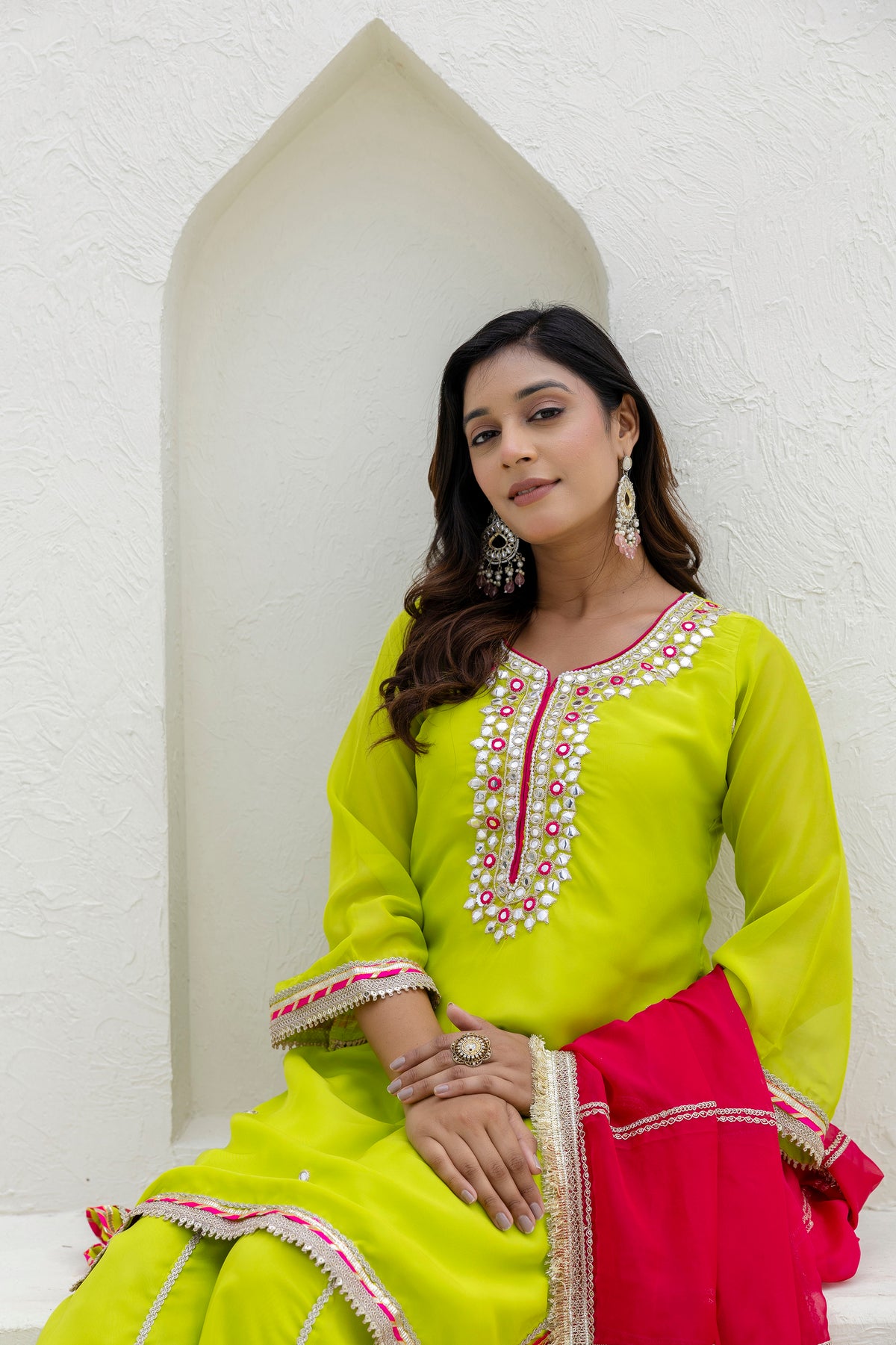 Designer Organza Palazzo Set with Foil Embroidery & Pearl Lace Detailing