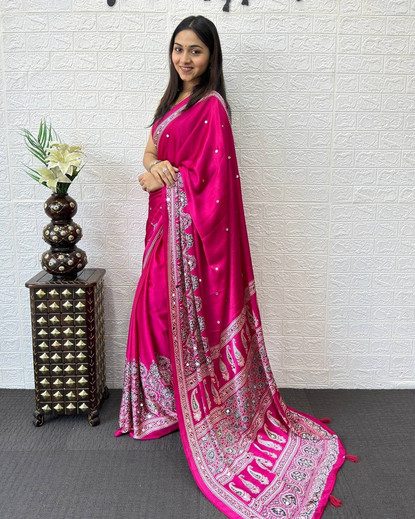 Rani Pink Modal Silk Saree with Heritage Paisley Pallu, Intricate Ethnic Border & Designer Traditional Print