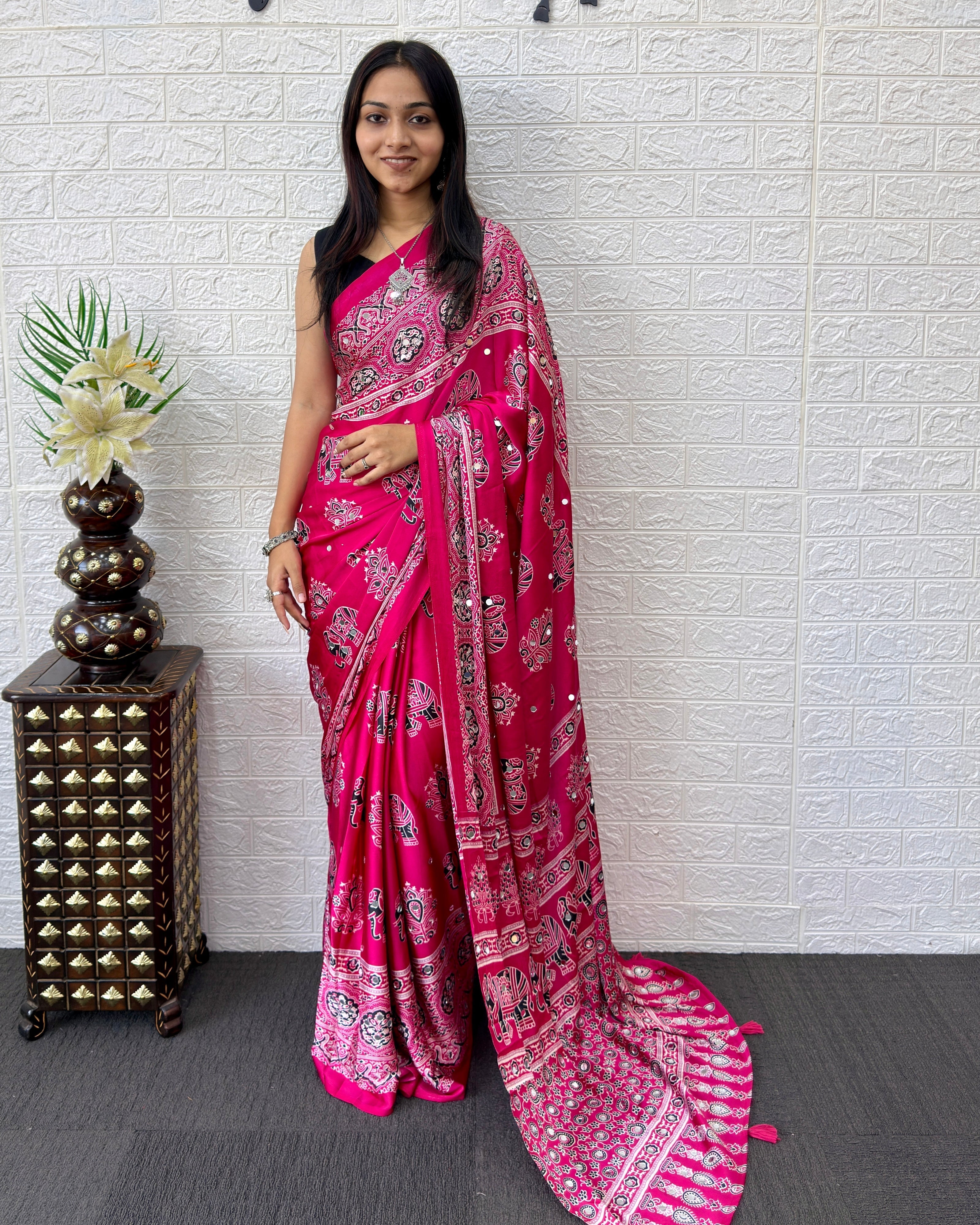 Rani Pink Modal Silk Saree with Elephant Motif Ajrakh Print & Designer Pallu | Festive Ethnic Wear Saree