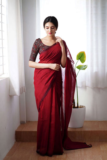 Maroon Cotton Saree with Kalamkari Blouse Piece