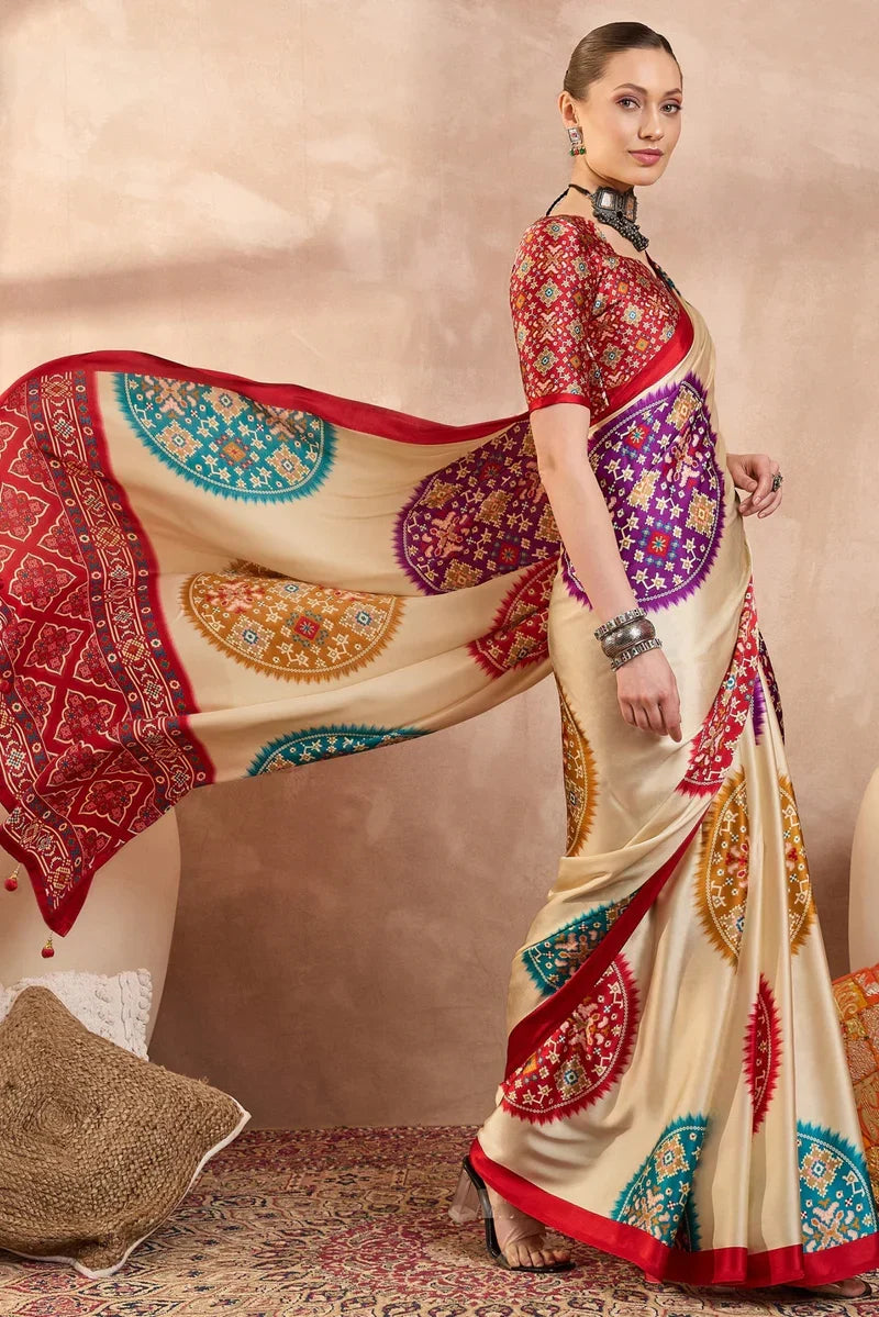 Cream Modal Silk Saree with Multicolor Patola-Inspired Print & Ruby Red Border | Designer Festive Wear Saree