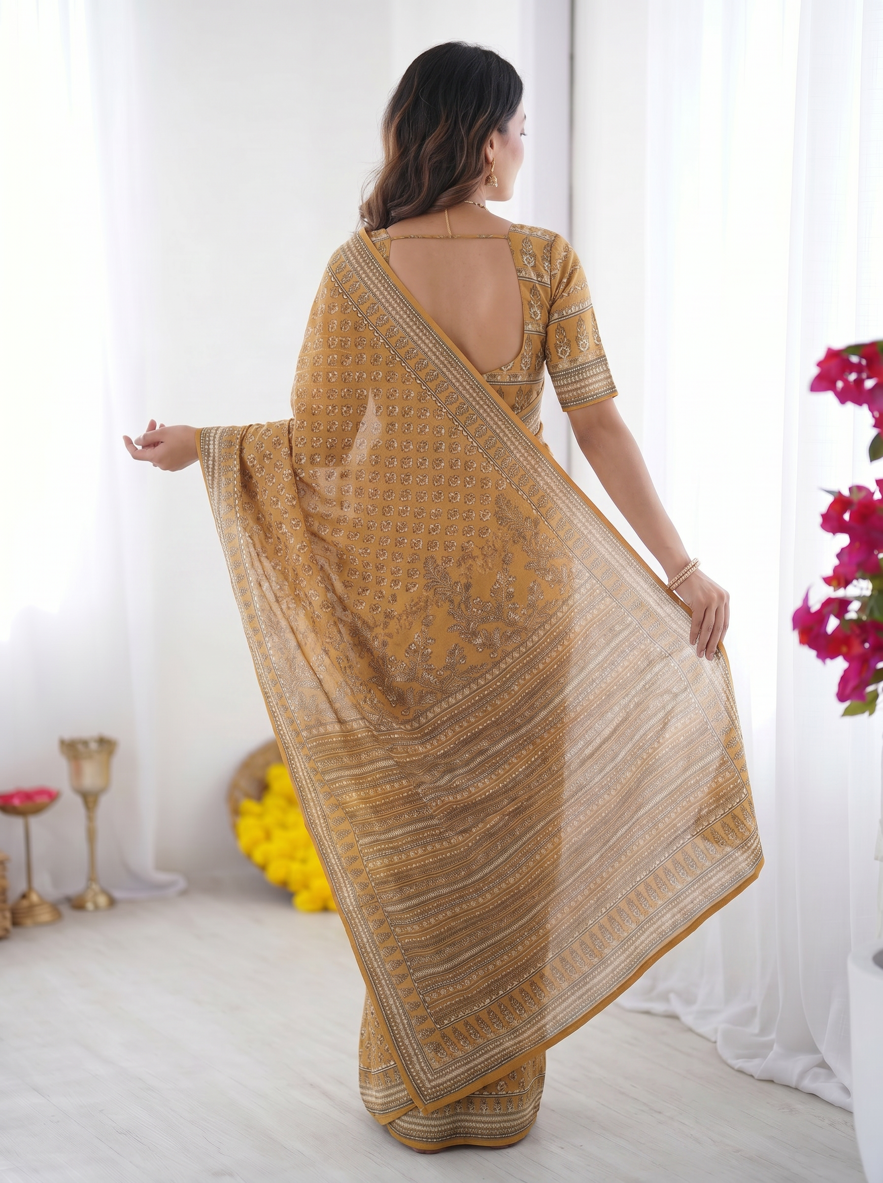 Mustard Yellow Modal Silk Saree with Traditional Floral Butti Prints, Heritage Border & Elegant Designer Pallu