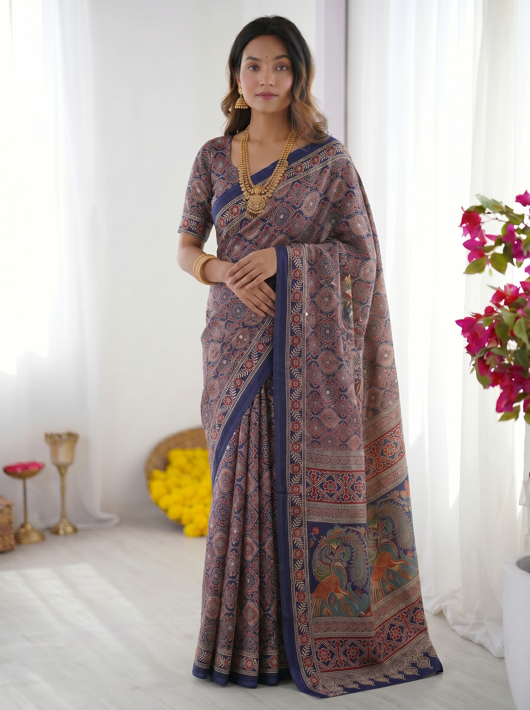 Royal Blue Modal Silk Saree with Intricate Ajrakh-Inspired Geometric Prints, Peacock Artistic Pallu & Traditional Border
