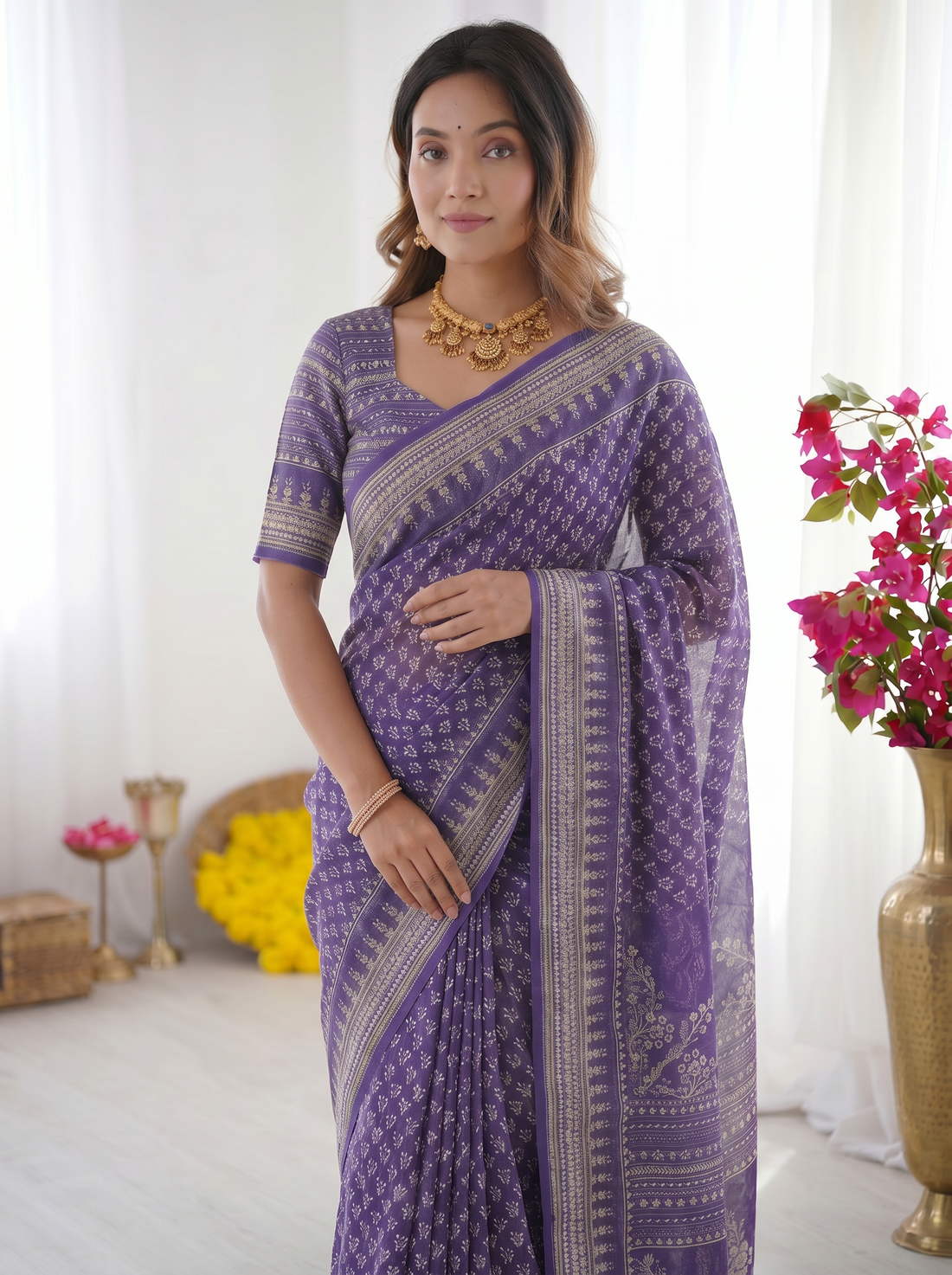 Royal Purple Modal Silk Saree with Delicate Floral Butti Prints, Traditional Woven Border & Heritage Designer Pallu