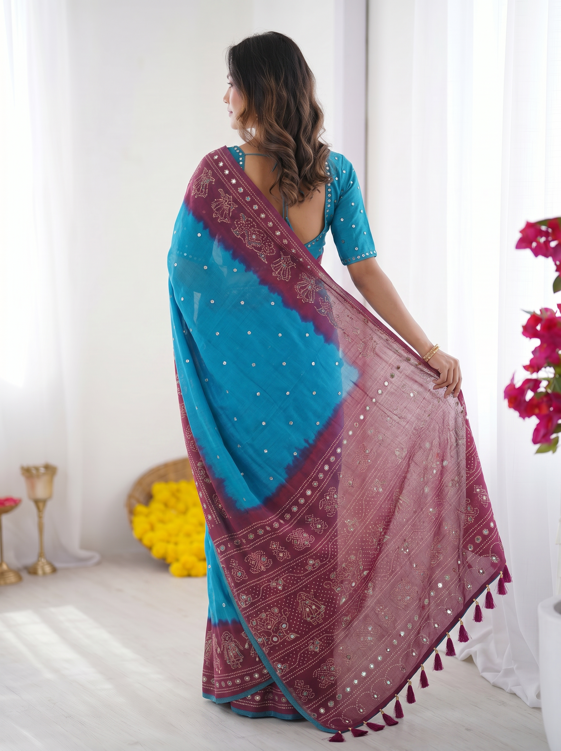 Sky Blue & Wine Purple Bandhani Printed Cotton Silk Saree with Traditional Folk Border & Tassel Pallu