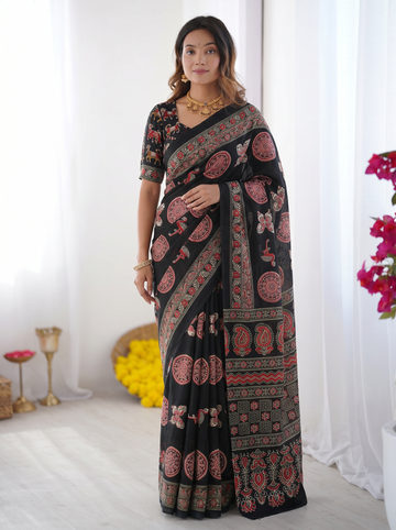 Black Modal Silk Saree with Traditional Ajrakh-Inspired Circular Motif Print & Designer Pallu | Festive & Ethnic Wear Saree