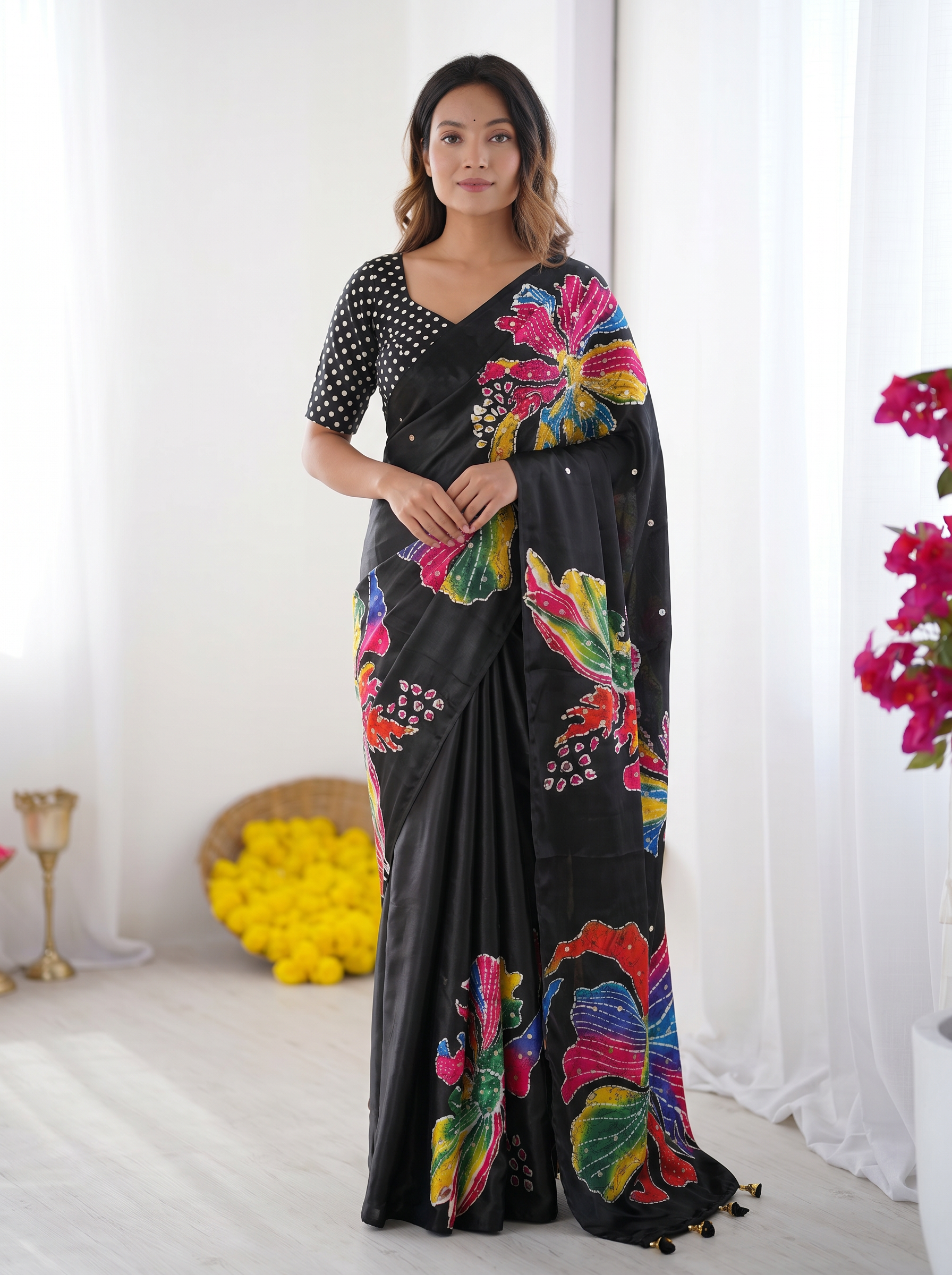Black Modal Silk Saree with Multicolor Floral Art Print, Handcrafted-Inspired Design & Designer Tassel Pallu