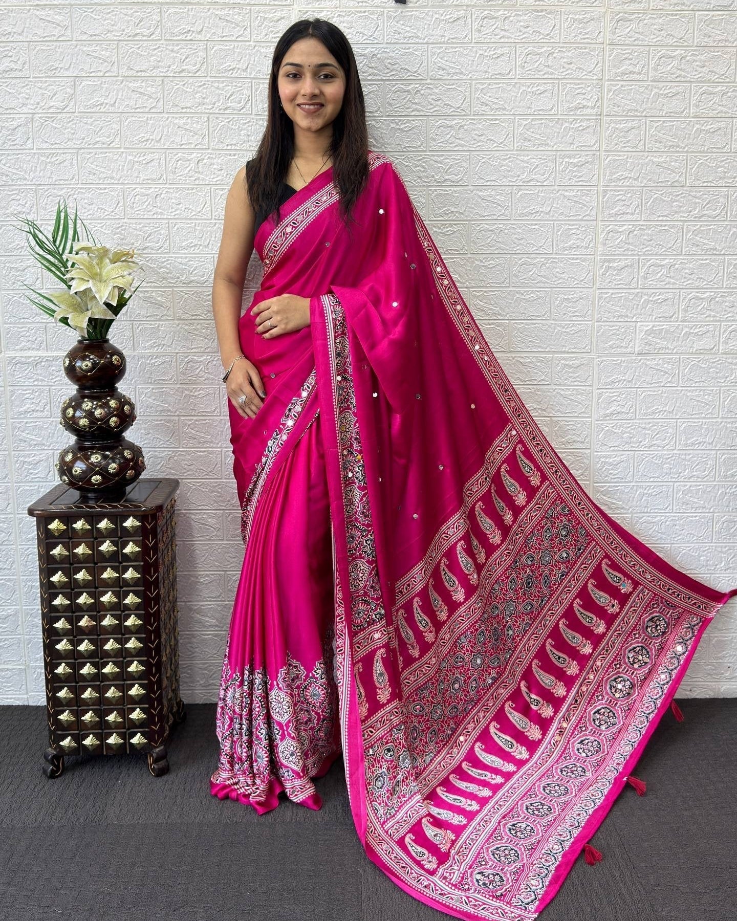 Rani Pink Modal Silk Saree with Heritage Paisley Pallu, Intricate Ethnic Border & Designer Traditional Print
