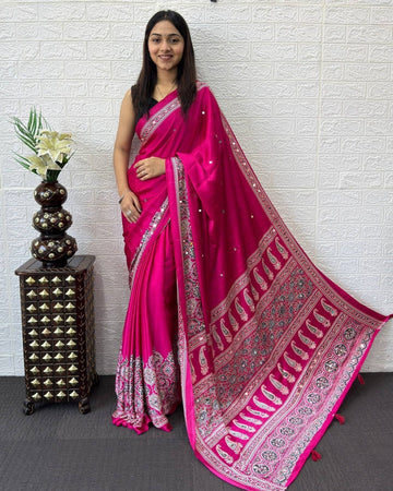 Rani Pink Modal Silk Saree with Heritage Paisley Pallu, Intricate Ethnic Border & Designer Traditional Print