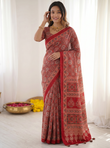 Ajrakh Inspired Print Ruby Red Pure Modal Silk Saree with Heritage & Traditional Designer Pallu
