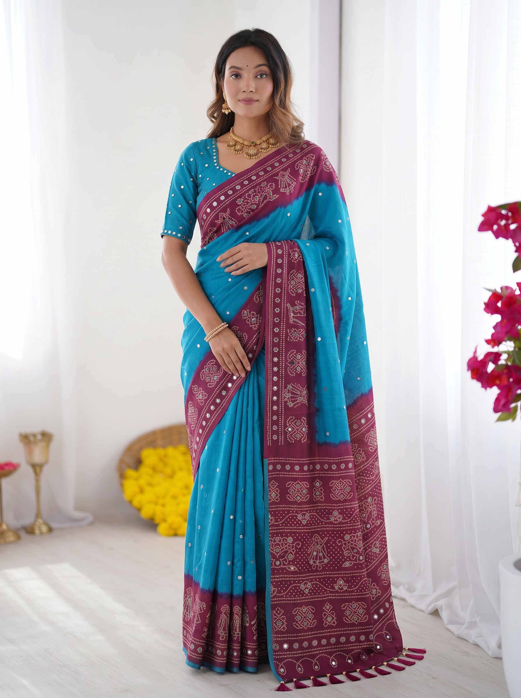 Sky Blue & Wine Purple Bandhani Printed Cotton Silk Saree with Traditional Folk Border & Tassel Pallu