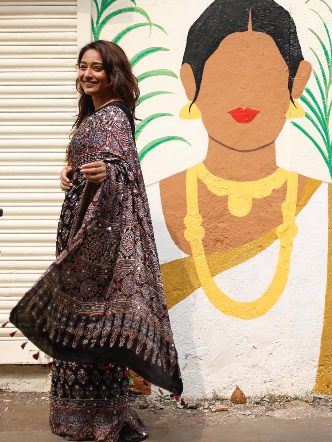 Black Ajrakh Printed Modal Silk Saree with Tassels & Attached Blouse | Traditional Ethnic & Festive Wear Saree