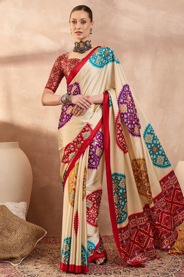 Cream Modal Silk Saree with Multicolor Patola-Inspired Print & Ruby Red Border | Designer Festive Wear Saree