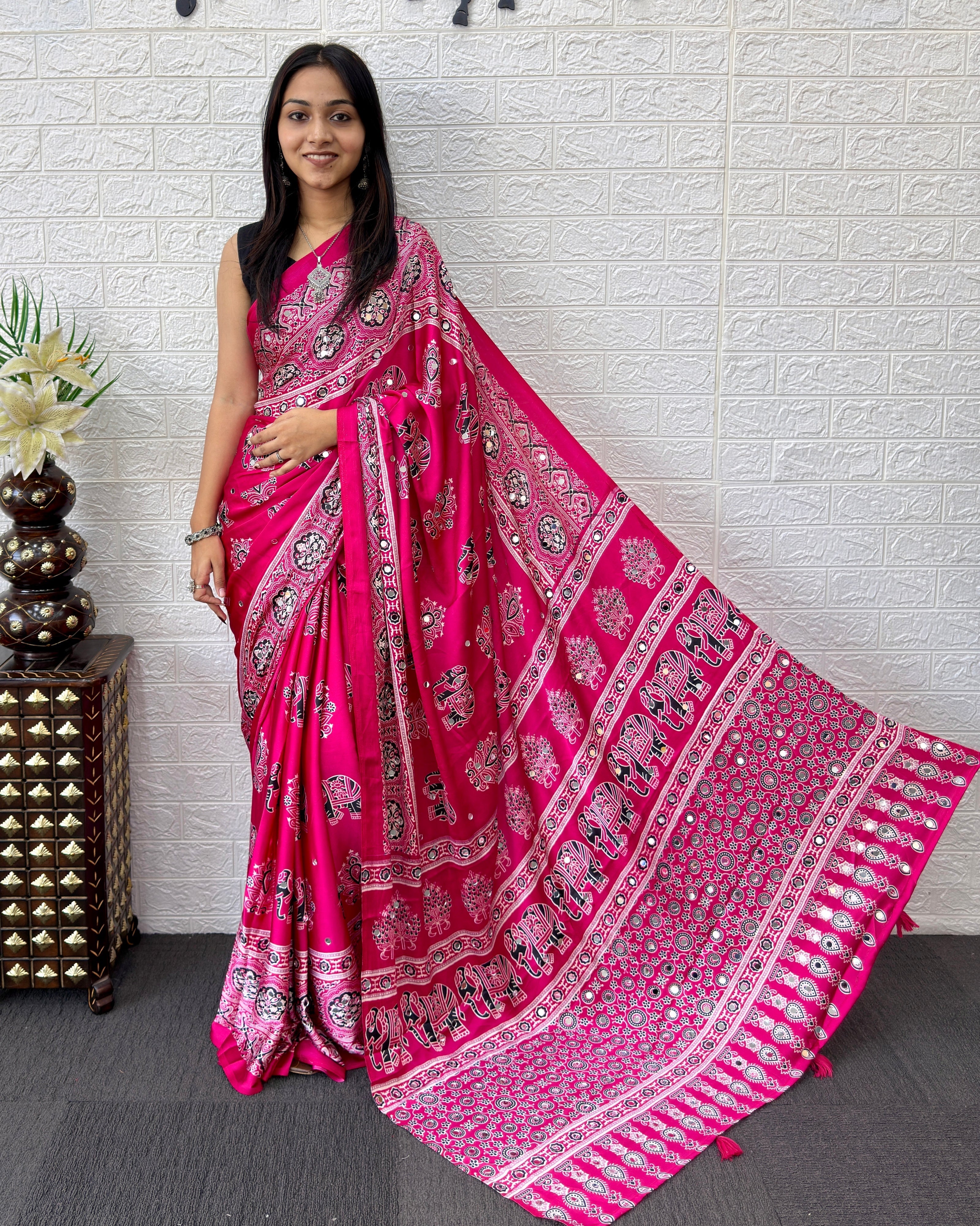 Rani Pink Modal Silk Saree with Elephant Motif Ajrakh Print & Designer Pallu | Festive Ethnic Wear Saree