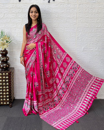 Rani Pink Modal Silk Saree with Elephant Motif Ajrakh Print & Designer Pallu | Festive Ethnic Wear Saree