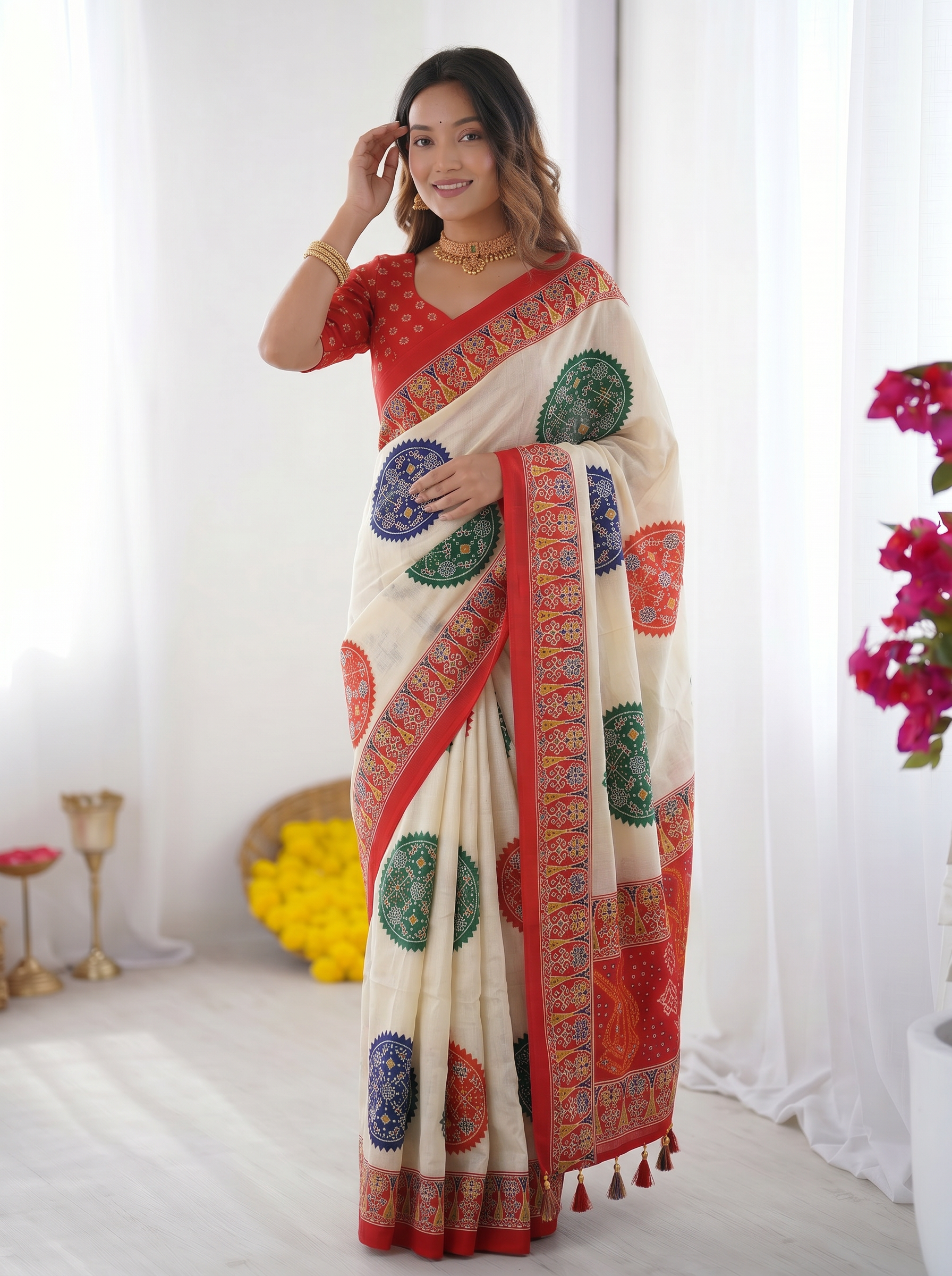Ivory White & Vermilion Red Pure Modal Silk Saree with Multicolor Mandala Print & Traditional Designer Pallu
