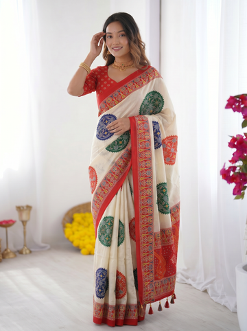 Ivory White & Vermilion Red Pure Modal Silk Saree with Multicolor Mandala Print & Traditional Designer Pallu