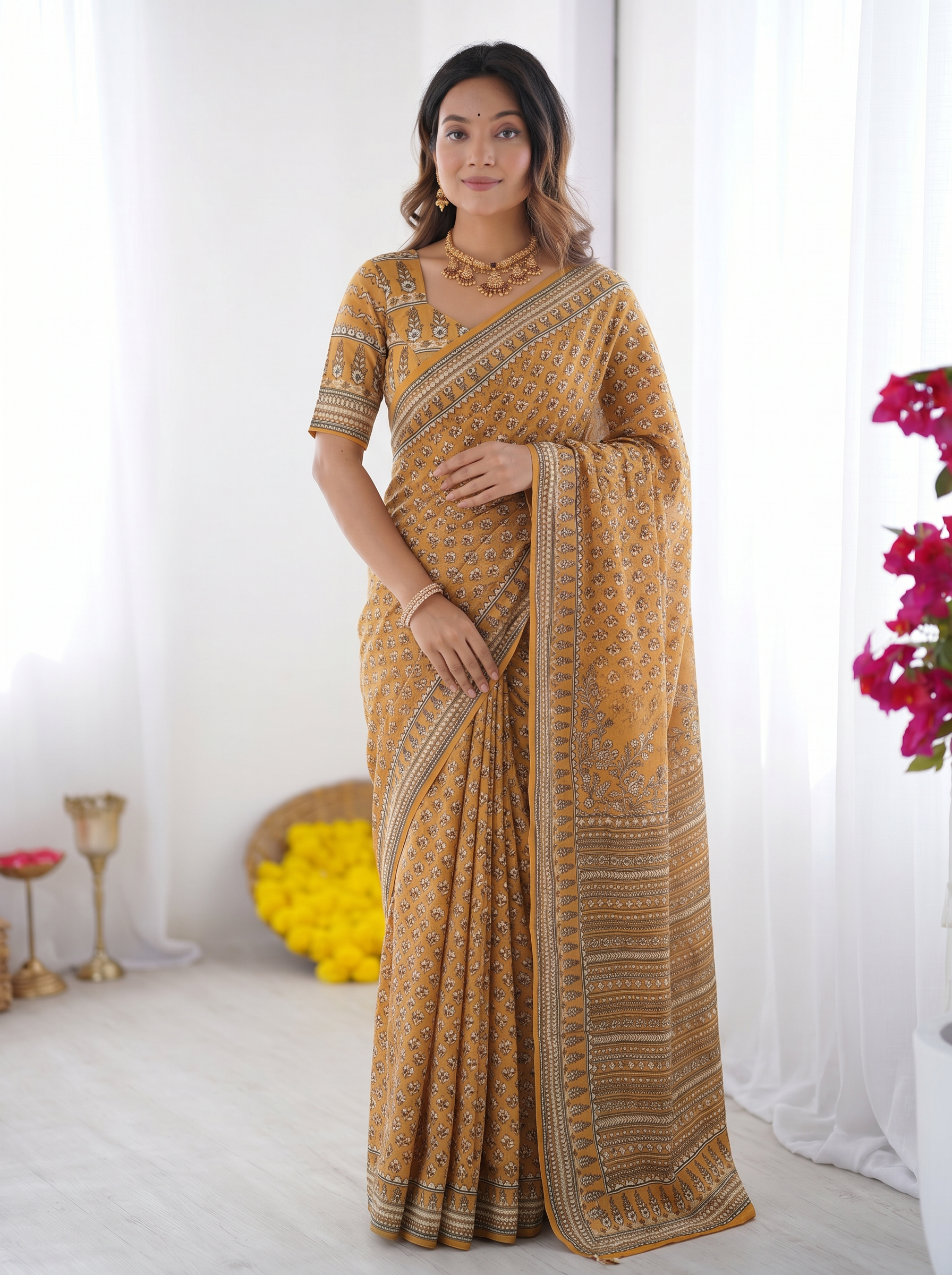 Mustard Yellow Modal Silk Saree with Traditional Floral Butti Prints, Heritage Border & Elegant Designer Pallu