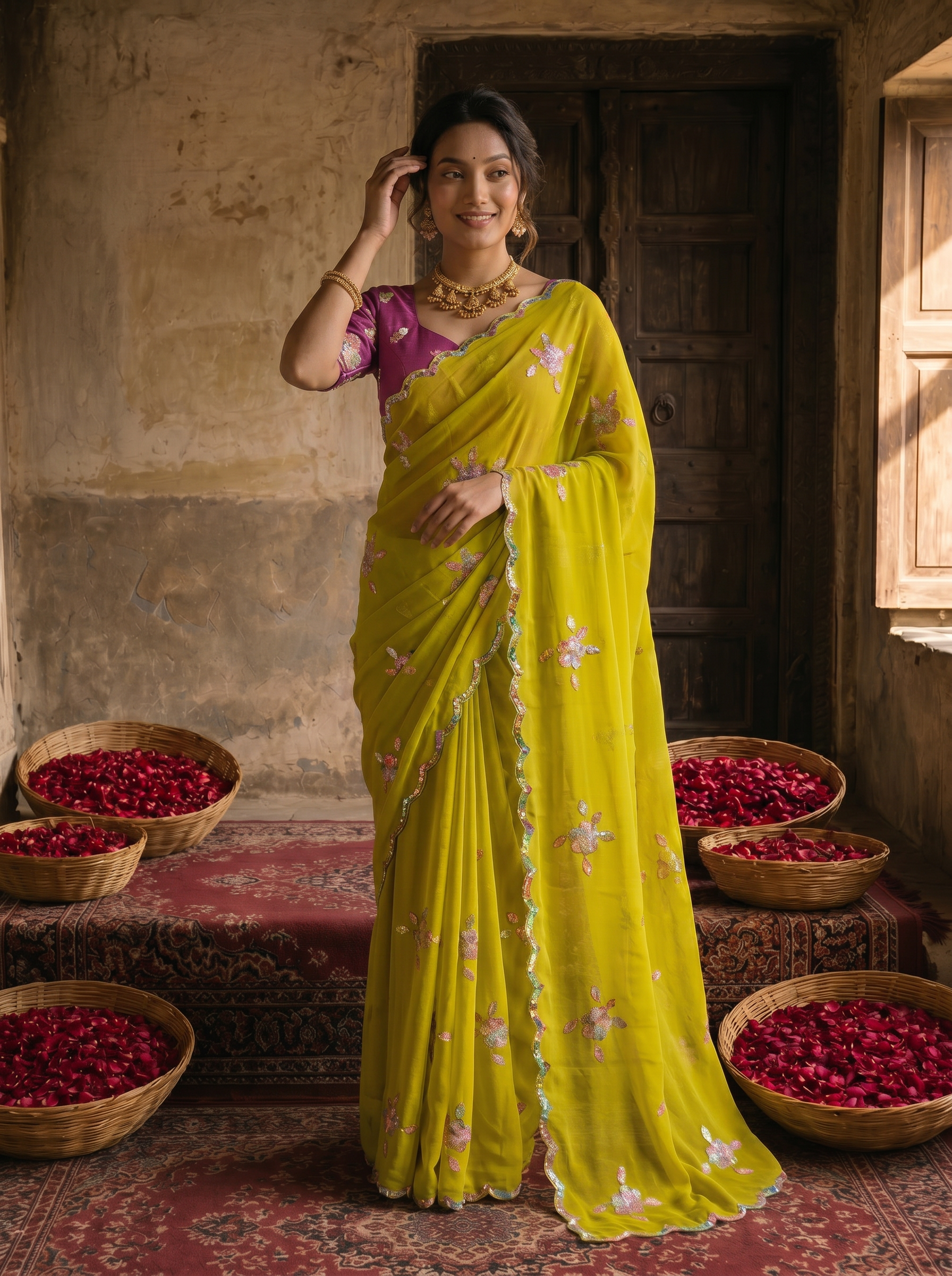 Lime Yellow Georgette Embroidered Saree with Floral Sequin Work & Contrast Magenta Blouse