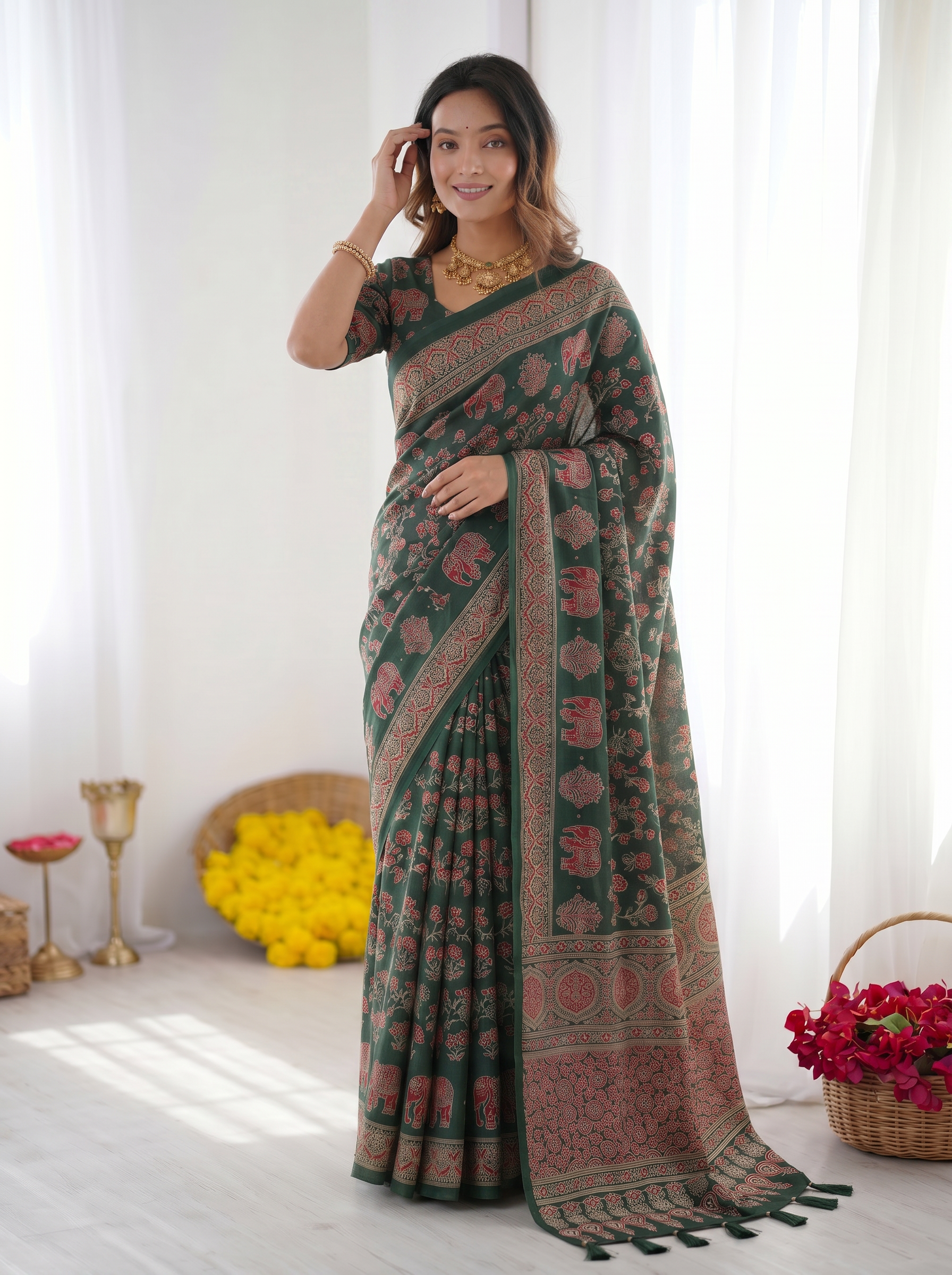 Forest Green Modal Silk Saree with Elephant Motif Ajrakh Print & Designer Heritage Pallu | Traditional Festive Wear Saree