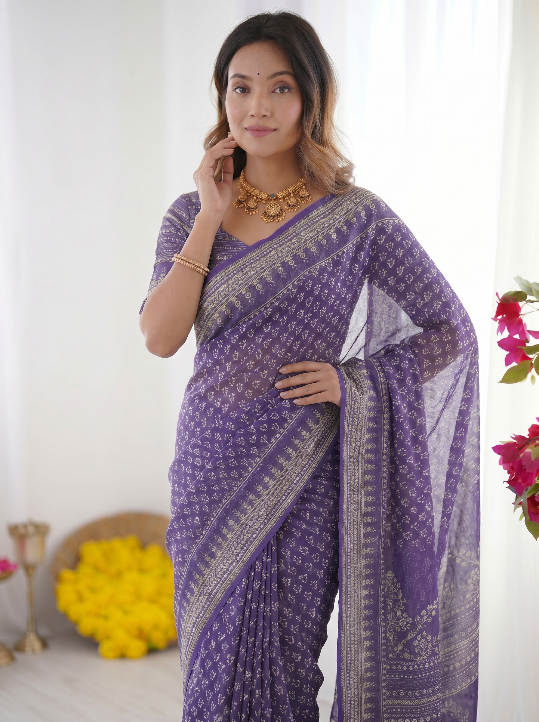 Royal Purple Modal Silk Saree with Delicate Floral Butti Prints, Traditional Woven Border & Heritage Designer Pallu