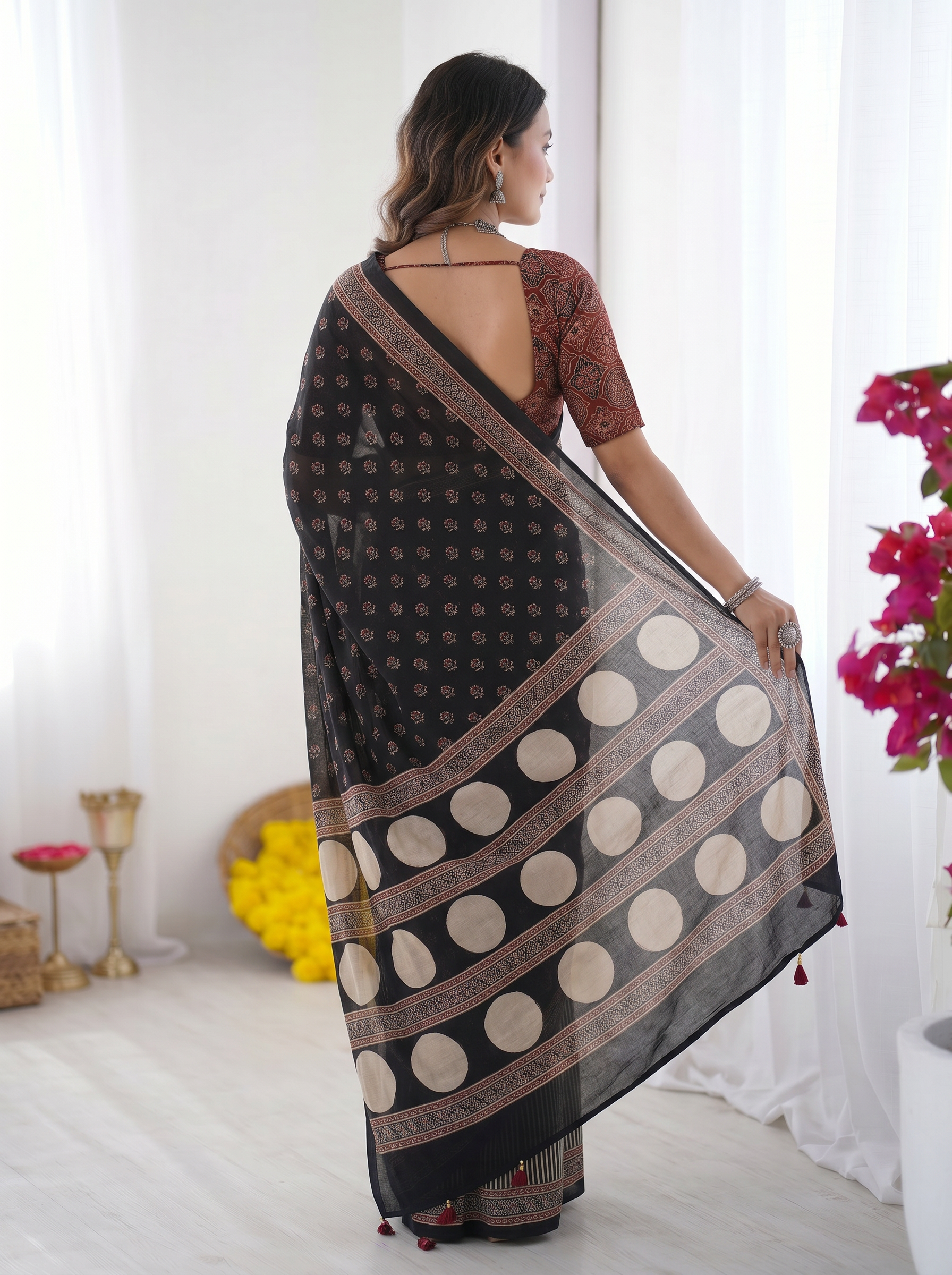 Black Modal Silk Saree with Floral Butti Prints, Striped Pleats & Statement Geometric Designer Pallu