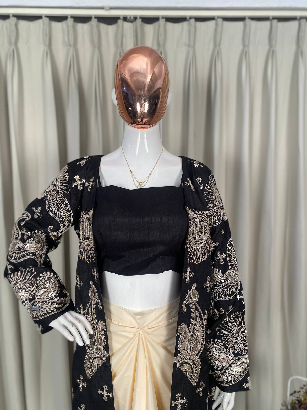 PARTY AND WEDDING DESIGNER WEAR 3 PIECE KOTI-BLOUSE WITH SKIRT IN CORDING SEQUENCE EMBROIDERY