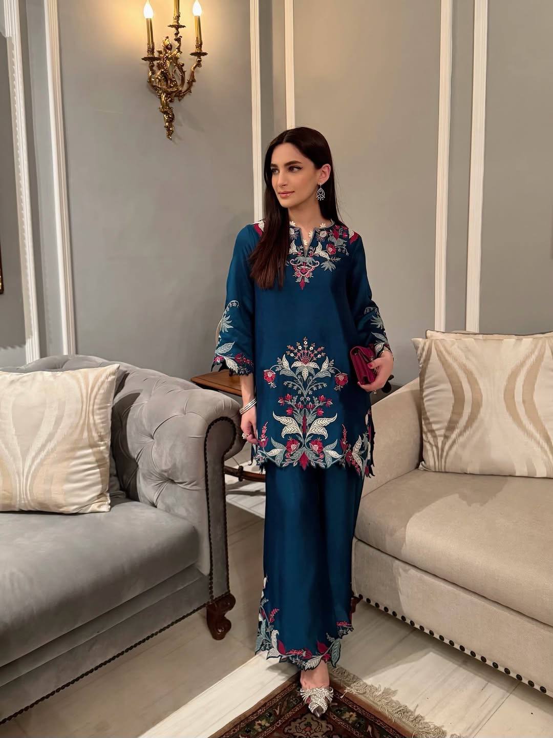 Royal Blue French Crepe Embroidered Co-Ord Set with Palazzo