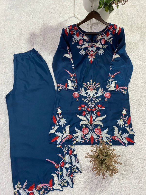 Royal Blue French Crepe Embroidered Co-Ord Set with Palazzo