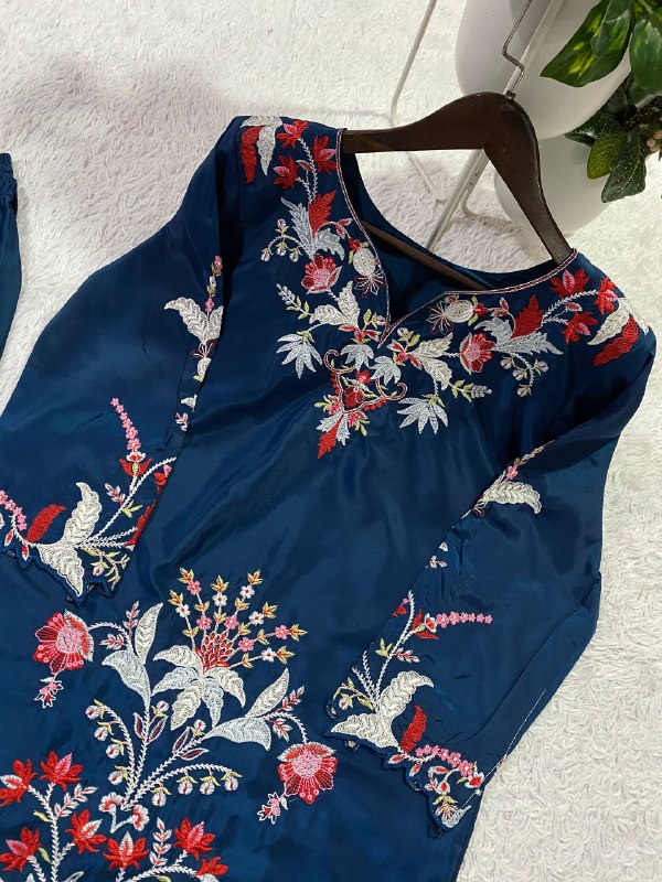 Royal Blue French Crepe Embroidered Co-Ord Set with Palazzo