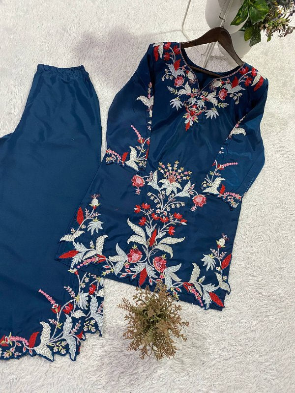 Royal Blue French Crepe Embroidered Co-Ord Set with Palazzo