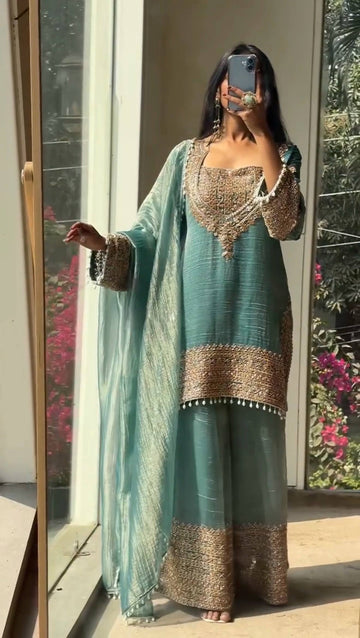 Designer Party Wear Embroidered Top with Palazzo and Dupatta Set