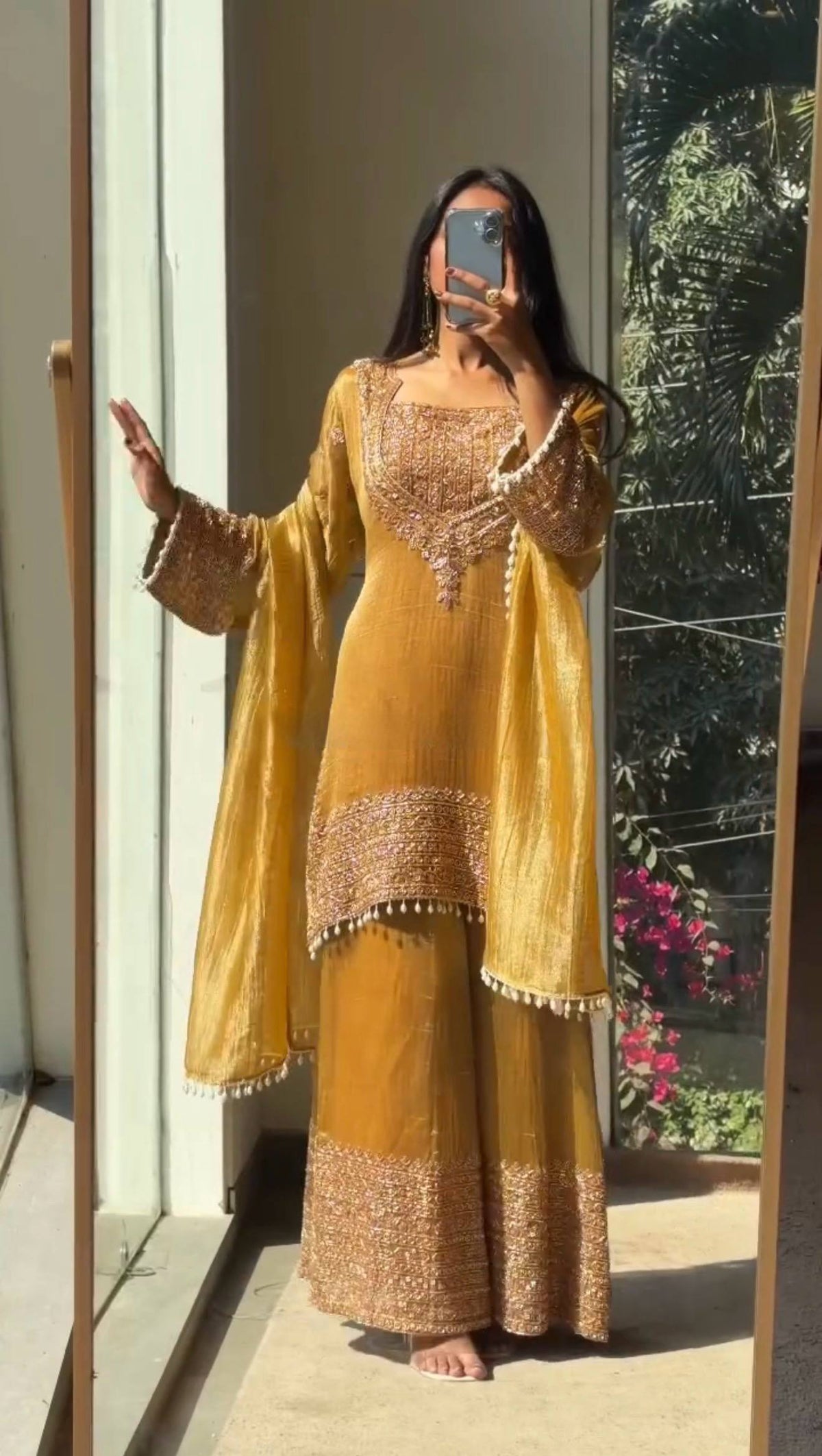 Designer Party Wear Mustard Yellow Embroidered Top with Palazzo and Dupatta Set