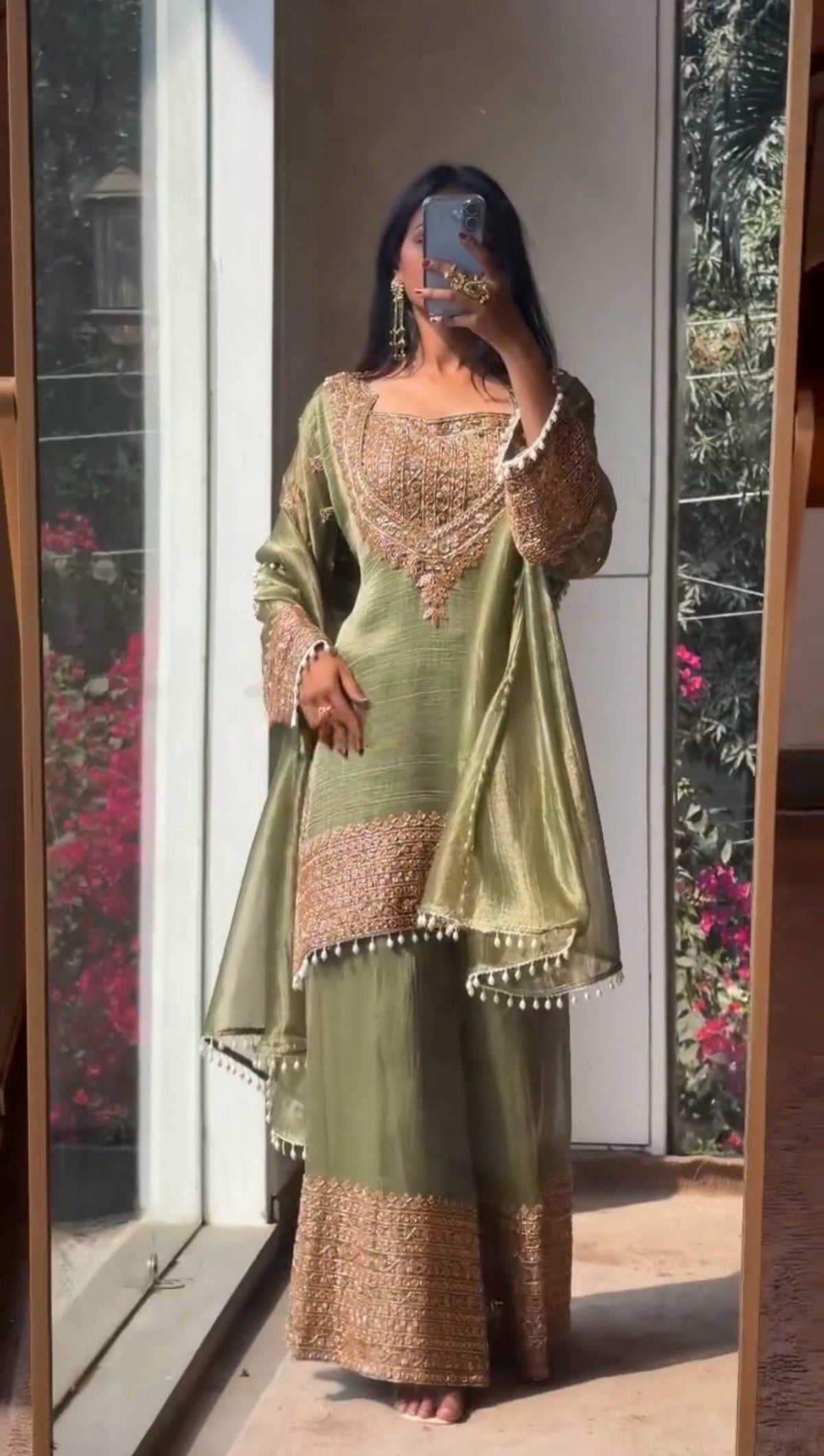 Designer Party Wear Embroidered Top with Palazzo and Dupatta Set
