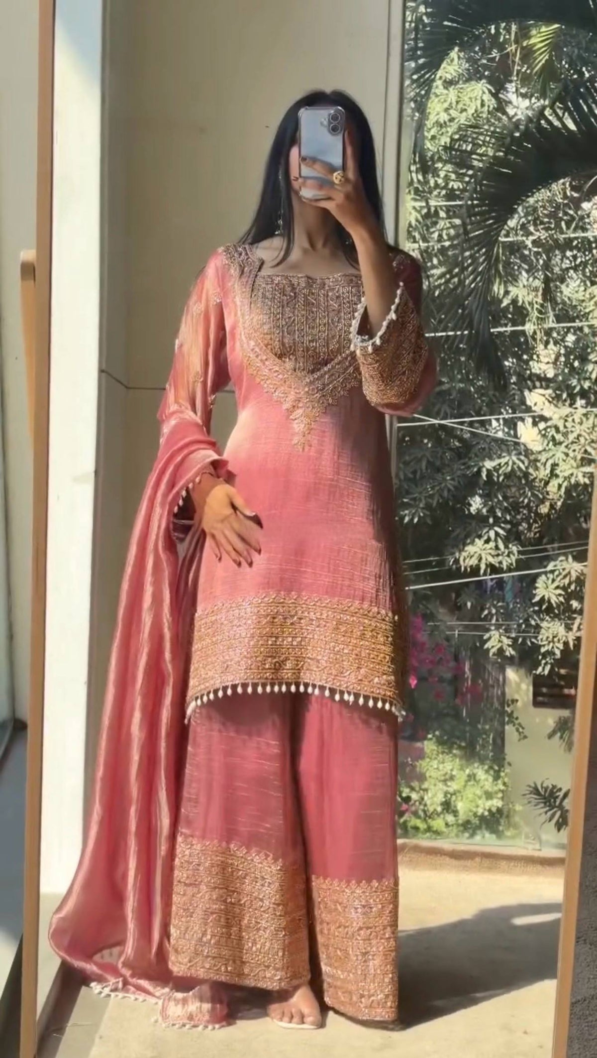 Designer Party Wear Embroidered Top with Palazzo and Dupatta Set