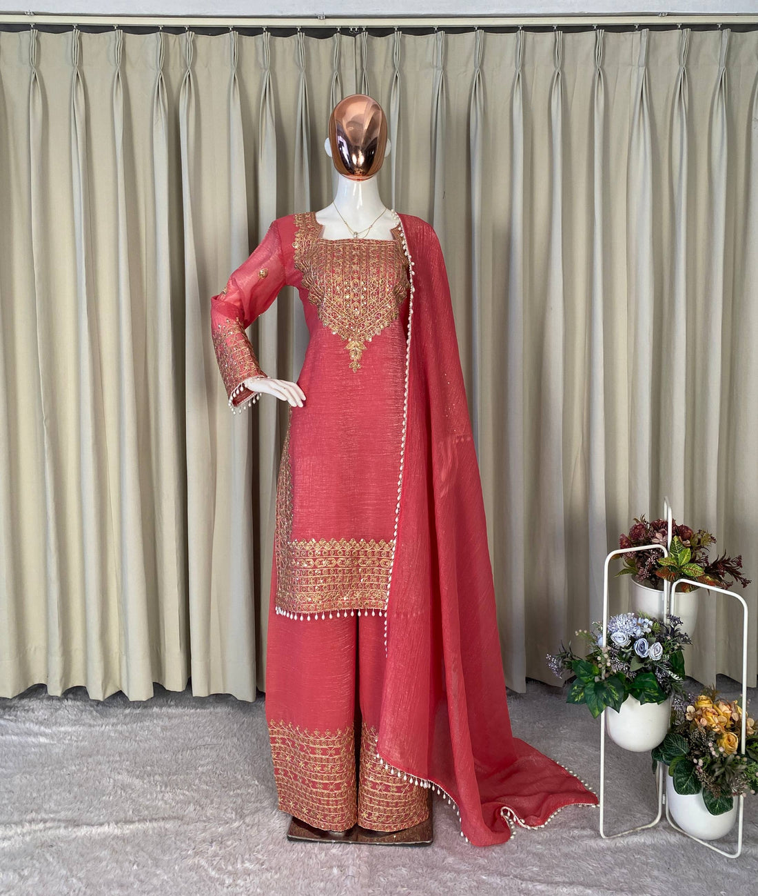 Designer Party Wear Embroidered Top with Palazzo and Dupatta Set
