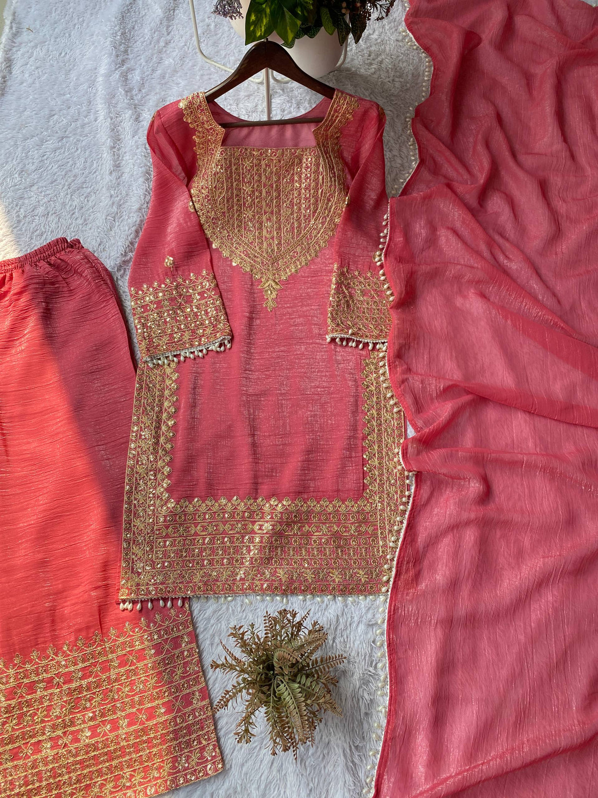 Designer Party Wear Embroidered Top with Palazzo and Dupatta Set