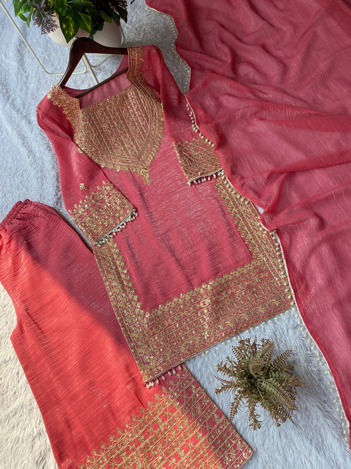 Designer Party Wear Embroidered Top with Palazzo and Dupatta Set