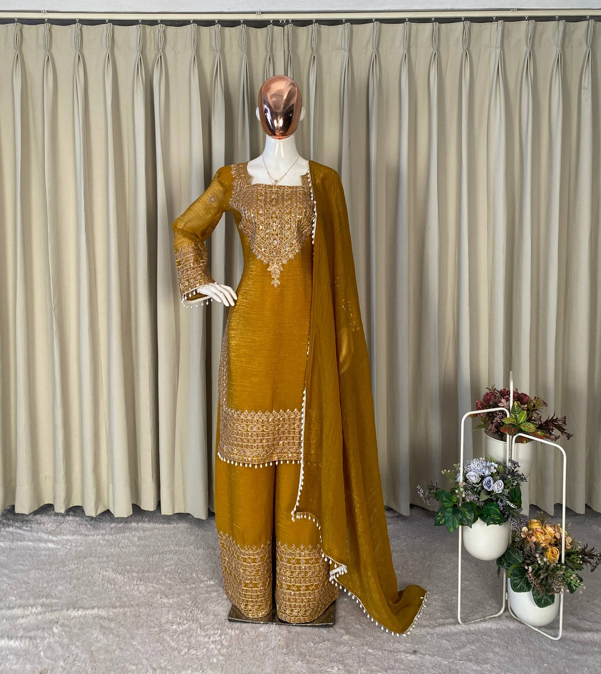 Designer Party Wear Mustard Yellow Embroidered Top with Palazzo and Dupatta Set