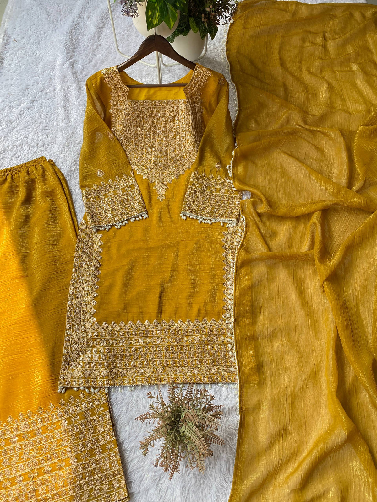 Designer Party Wear Mustard Yellow Embroidered Top with Palazzo and Dupatta Set