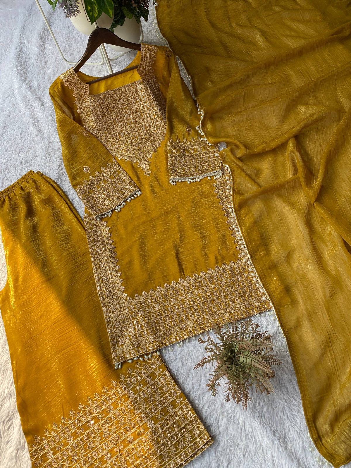 Designer Party Wear Mustard Yellow Embroidered Top with Palazzo and Dupatta Set