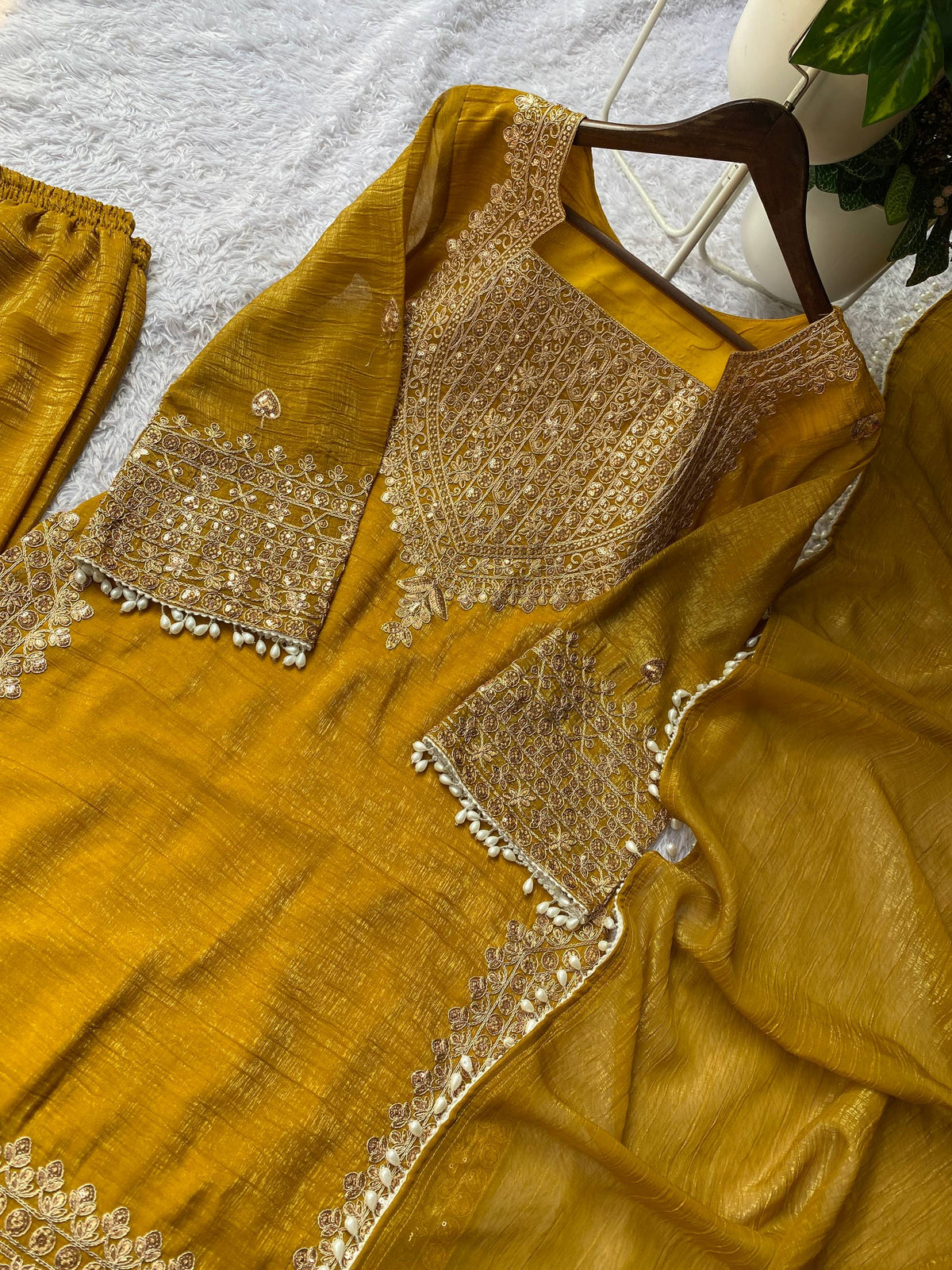Designer Party Wear Mustard Yellow Embroidered Top with Palazzo and Dupatta Set