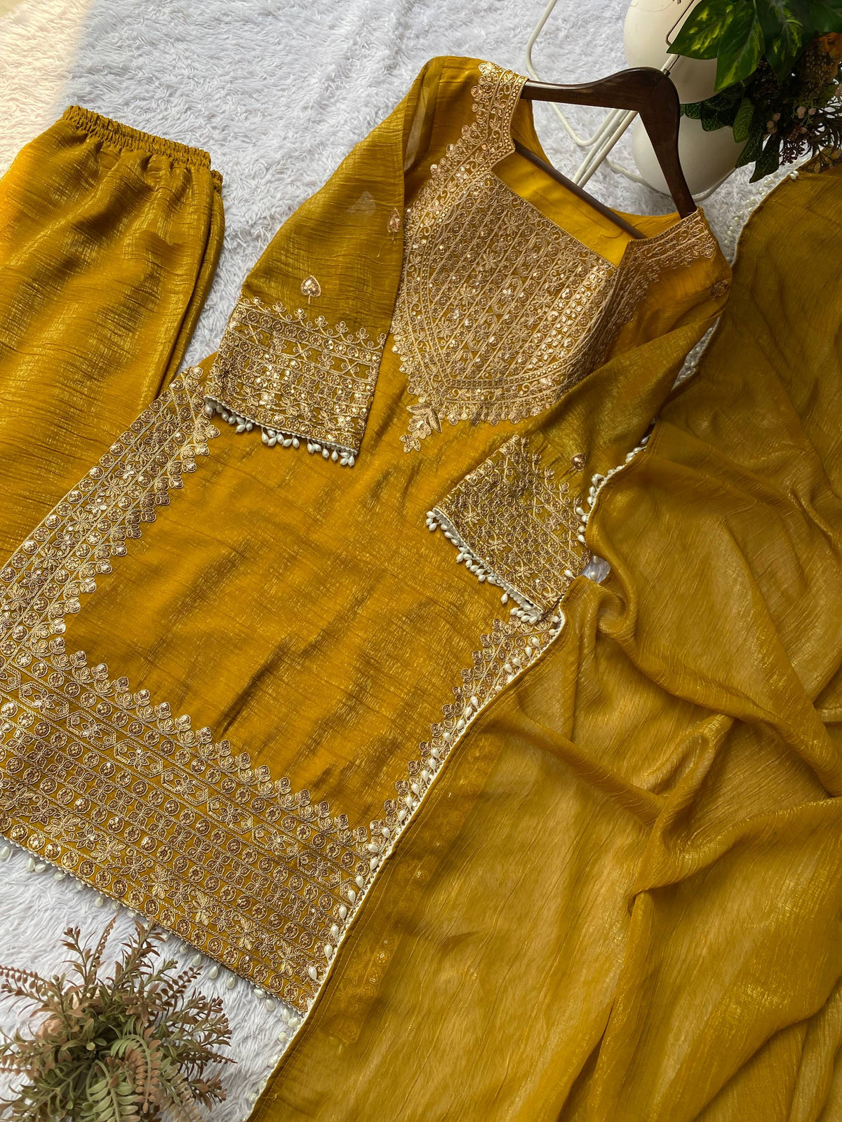 Designer Party Wear Mustard Yellow Embroidered Top with Palazzo and Dupatta Set